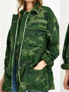 Free People Women's Seize The Day Green Camo Print Utility Jacket Size Medium